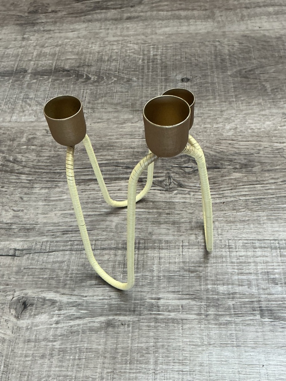 candelabra candle holder 3 Arms Wavy Yellow Wicker Wrapped Gold Votives